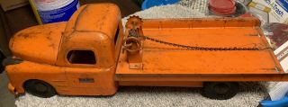 Vintage Structo Toys Flatbed Wrecker Tow Truck Orange Metal Pressed Steel