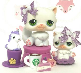Littlest Pet Shop 15 White Persian Kitty Cat Green Eyes Pencil Topper Bows Lps