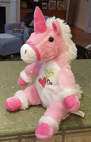 9 " - 10 " Pink White Unicorn Plush Stuffed Animal Dandee Collectors Choice Hearts