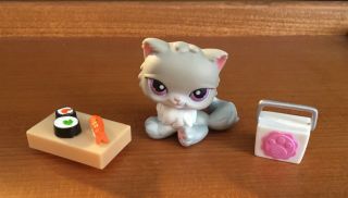 Littlest Pet Shop - Persian Cat - 263 Gray With Purple Eyes - Chinese Food