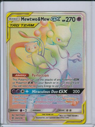 Pokemon Sun & Moon Unified Minds Mewtwo & Mew Gx 242/236 Full Art Secret Rare