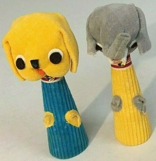 Vintage Elephant Trunk Up And Puppy Dog Finger Puppet Cloth Cardboard 3.  5 "