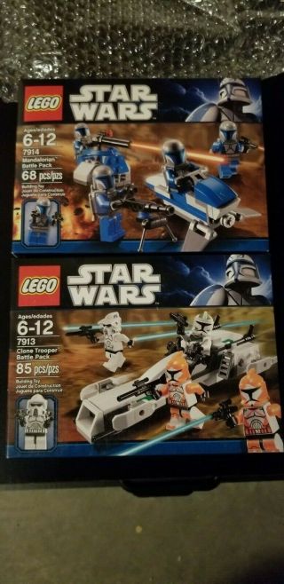 Lego Star Wars 7913 & 7914 Clone Trooper & Mandalarorian Battle Packs.