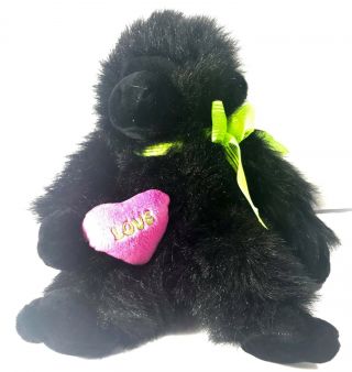 14 " Furry Stuffed Plush Black Gorilla Holding Pink Love Heart W/ Green Ribbon
