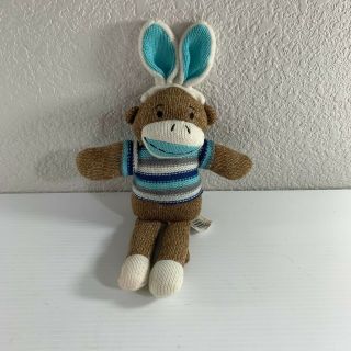 Dan Dee Sock Monkey Easter Bunny Ears Plush 12 " Long Blue Striped Shirt Toy