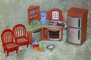 Fisher Price Loving Family Dollhouse Furniture Kitchen Stove Fridge Red Chairs