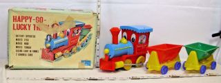 Happy Go Lucky Train Battery Operated Tin Toy Set 1960s Boxed Tomy Of Japan