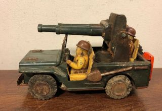 Vintage Tin Friction Military Jeep W Driver & Machine Anti Aircraft Japan Toy
