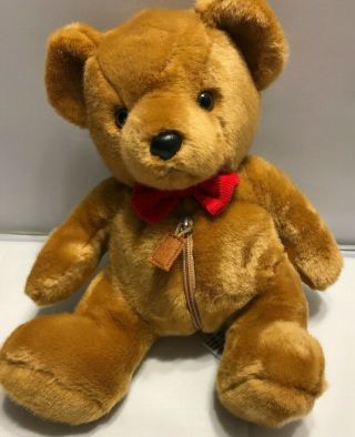 Russ 9” Plush Rust Color Teddy Bear Red Bow Tie Zip Belly Storage Compartment