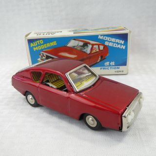 Red Modern Sedan - Vintage 5 " Tin Friction Toy Car - China -