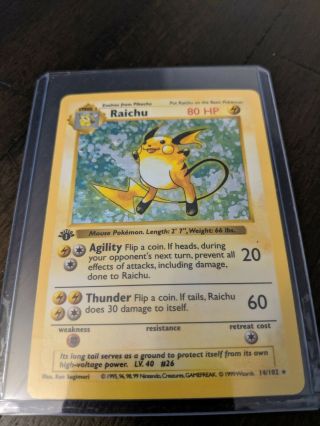 Raichu Pokemon Card,  14/102,  1st Edition Shadowless,  Base Set,  Holo