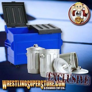 Blue Dumpster & 3 Silver Trash Cans For Wwe Wrestling Action Figures