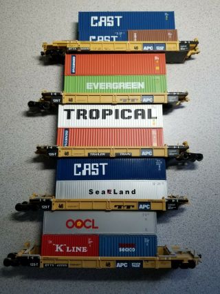 Ho Walthers Thrall 5 Unit Articulated Double Stack Apc / Ttx With Containers