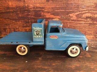 Vintage 60s Tonka Farms Stake Truck Pressed Steel Usa Made Blue