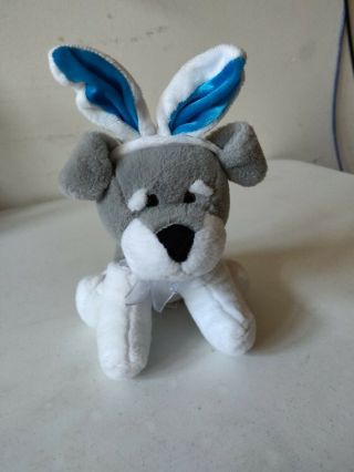 Dandee Gray White Blue Schnauzer Puppy Dog Easter Bunny Ears Bow Plush