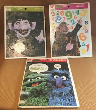 3 Vintage Whitman Sesame Street Frame Tray Puzzle Count & Oscar & Herry Monster