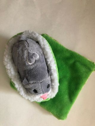 Zhu Zhu Pets Gray Hamster,  Green Bed & Blanket Euc