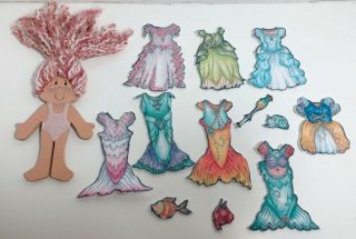 Wooden Dress - Up Doll W/ Yarn Hair Felt Dresses Mermaid Pretend Play Paper Doll