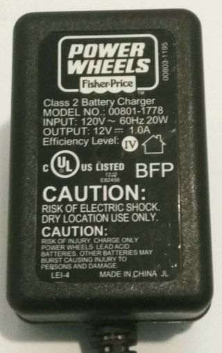00801 - 1778 Fisher Price Power Wheels 12V AC/DC Battery Charger Adapter 2
