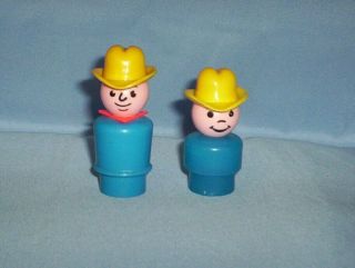 Vintage Fisher Price Little People Farmer Blue Dad & Boy With Yellow Cowboy Hats