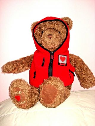 Wish Bear Love Brown Gund Stuffed Animal 26 " Tall In Red Fleece Zip Hooded Coat