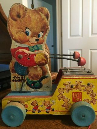 Vintage Fisher Price Wooden Pull Toy Tiny Teddy 634 Old Logo Display