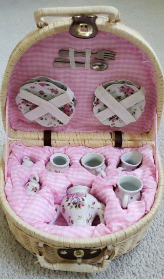 Euc Wicker Basket W/ Floral China Tea Set & Metal Utensils