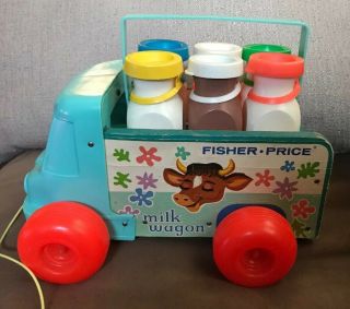 Fisher Price 131 Vintage Milk Wagon 637 Crate Carrier & 6 Bottles W/caps