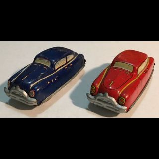 2 Orig Vintage 1940s - 50s Automatic Toy Tin Litho Wind - Up Track Racing Sedan Cars
