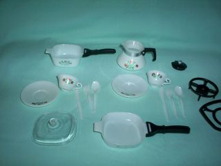Chilton Red Corelle Corning Ware Childs Dollhouse Toy Pan Coffee Pot Tea Cup Set