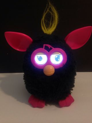 2012 Hasbro Electronic Furby - Black With Hot Pink Ears & Yellow Hair -