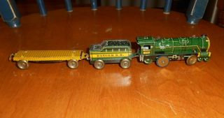 Vintage Tin Wind - Up Train (engine,  Coal Car,  Flat Bed Car)