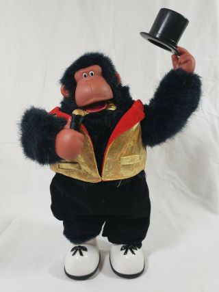 Dancing Gorilla Figure Vintage Gold Suit Top Hat Sings La Bamba 11.  5 " Toy Doll