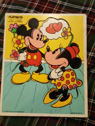 Vintage Walt Disney Mickey And Minnie 7 - Piece Cork Board Puzzle By Playskool