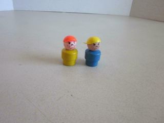 Vintage Fisher Price Wood Little People 2 Bad / Mad Boys With Ball Caps