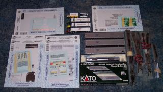 Assortment Of N Scale Freight Cars,  Decals,  Vehicles And Kato Uni - Track