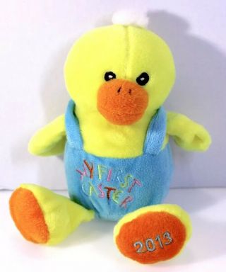 Dan Dee 6” Yellow Duckling Plush W/blue Overals That Say “my First Easter” 2013