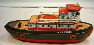 1960s Tin - Litho Battery - Op Toy Bump - N - Go 15 " Long (neptune) Tug Boat