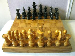 Vintage Large Wooden Chess Set - Complete Set W/ Folding Board / Case - Mexico