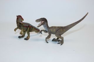 Schleich 2011 Velociraptor W/ Movable Jaw & 2003 Dilophasouras Dinosaur Figures
