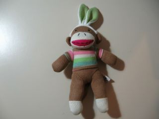 9 " Plush Sock Monkey Doll With Bunny Ears,  Made By Dan Dee,