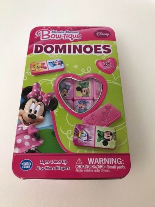 Disney Junior Minnie Mouse Bow - Tique Dominoes - 28 Dominoes In Tin Keeper