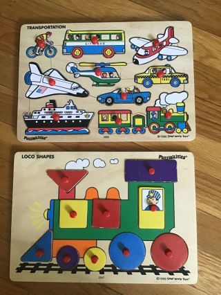 Set Of Two Wooden Preschool Puzzles By Puzzibilities Train And Vehicles Guc