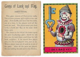 Antique The Game Of Lock And Key Victorian Childrens Toy Lithograph Clown Cards