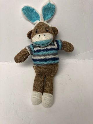Dan Dee Easter Bunny Sock Monkey 11 " Blue Shirt Rabbit Ears Plush Stuffed Animal