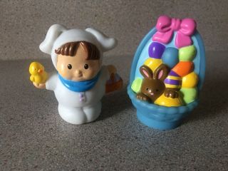 Euc Fisher Price Little People White Bunny Boy & Blue Easter Basket Figure Set
