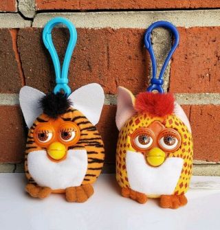 Two 2000 Mcdonalds Mini Furby Backpack Clip - On Plush Keychain Toys