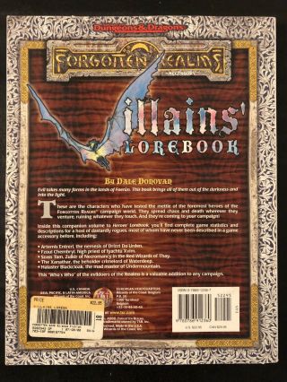 AD&D TSR 9552 DUNGEONS & DRAGONS FORGOTTEN REALMS VILLAINS’ LORE BOOK 1ST PRINT 2