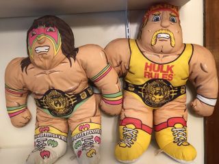 Pair Vintage Wrestling Buddies Hulk Hogan Ultimate Warrior Plush Pillows Wwf Wwe