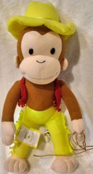 Curious George 15 " Plush Cowboy In Yellow Hat With Lasso Rope,  Monkey As Cowboy